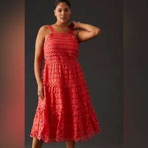 Maeve Red Eyelet Tiered Midi Dress